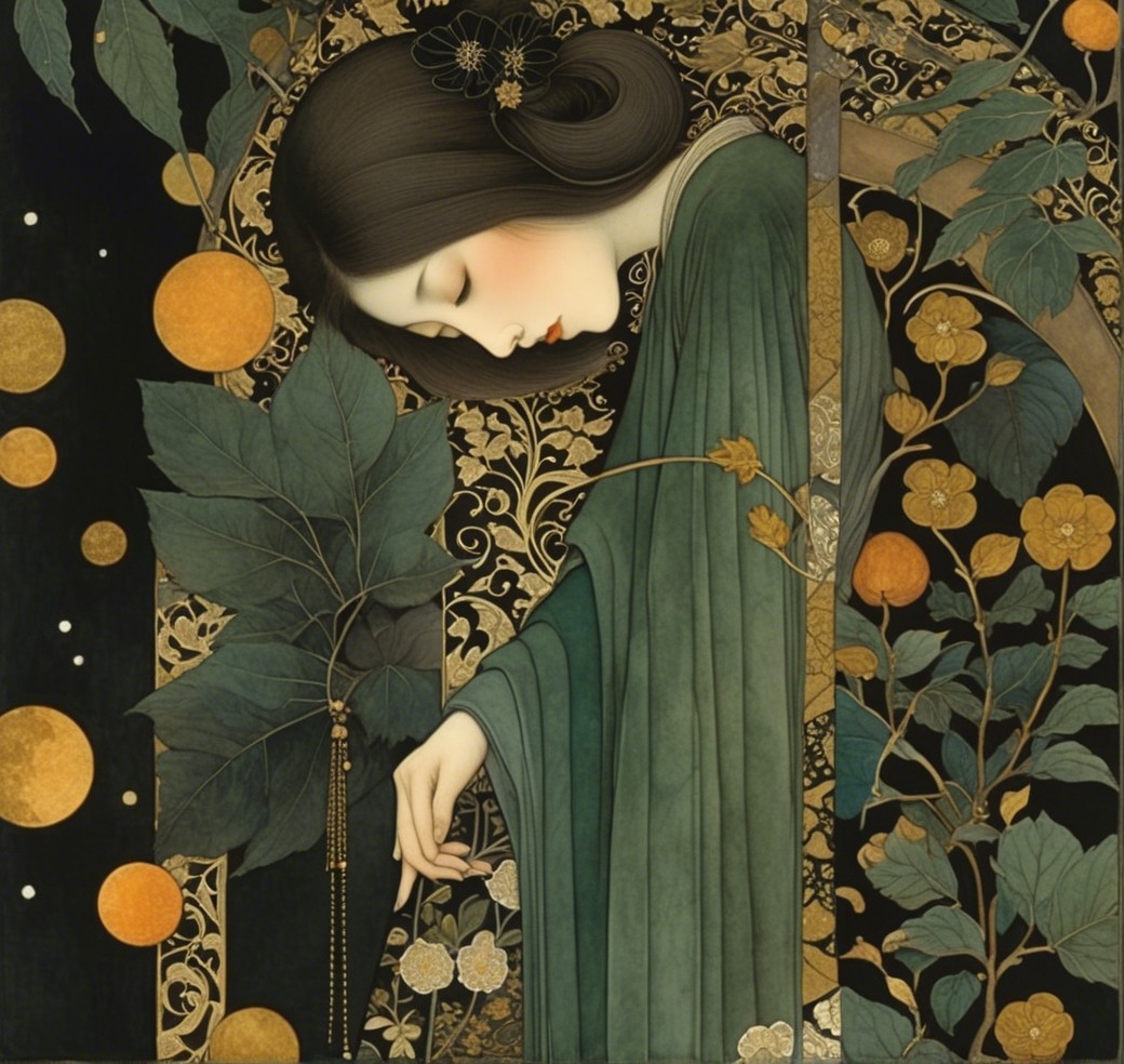 Ethereal Woman in Green Robes Surrounded by Nature