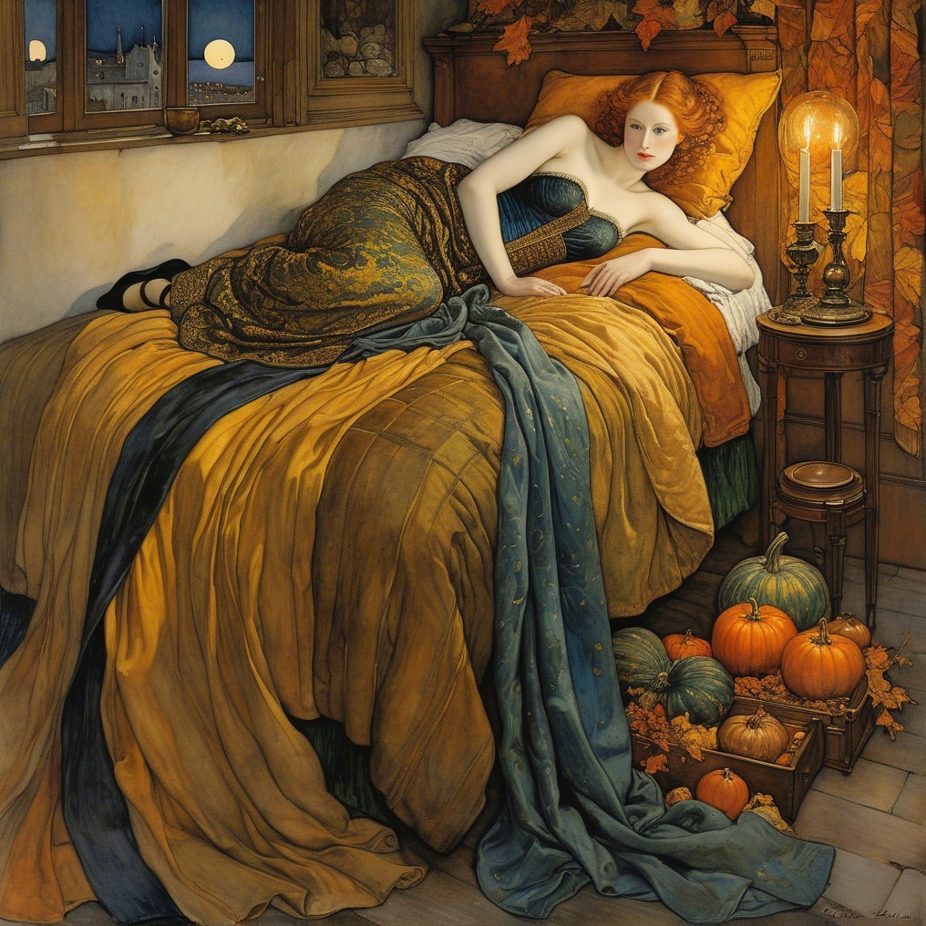 Serene Woman on Ornate Bed with Autumn Decor
