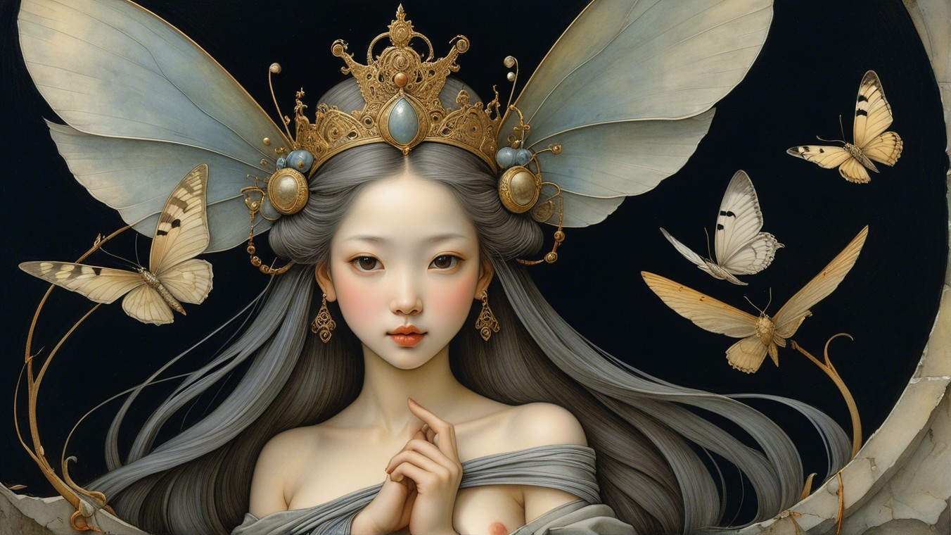 Ethereal young woman with wings and butterfly motifs