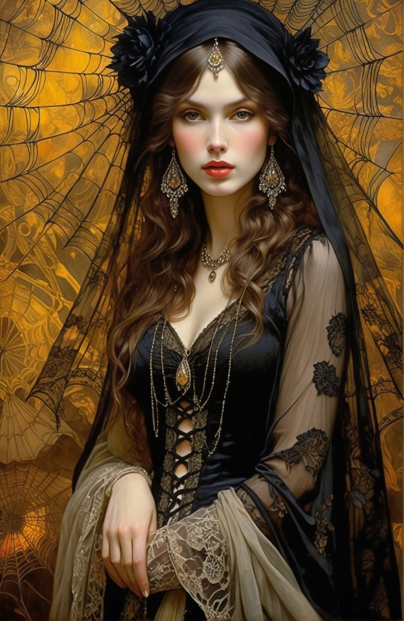 Portrait of a Young Woman in Ornate Black Gown