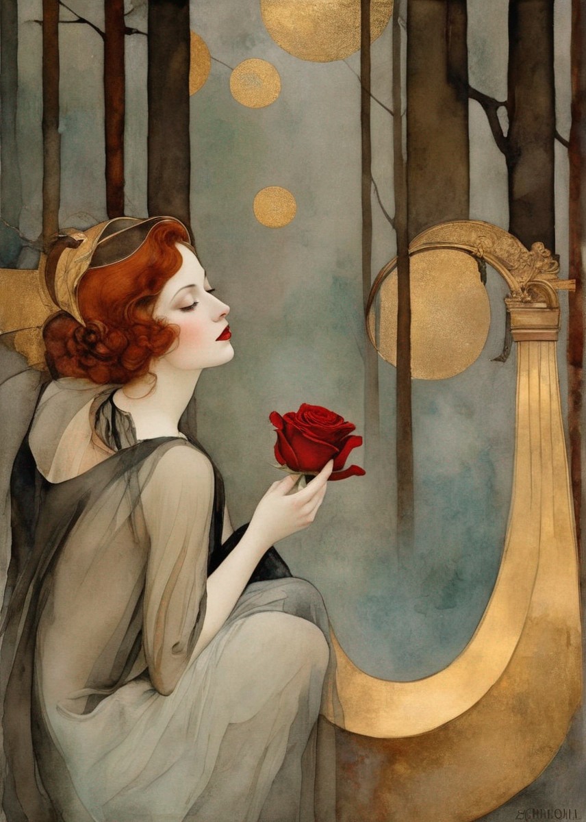 Stylized Illustration of Woman with Red Hair and Harp
