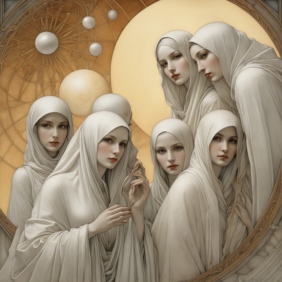 Seven Women in White Hijabs in Ornate Frame