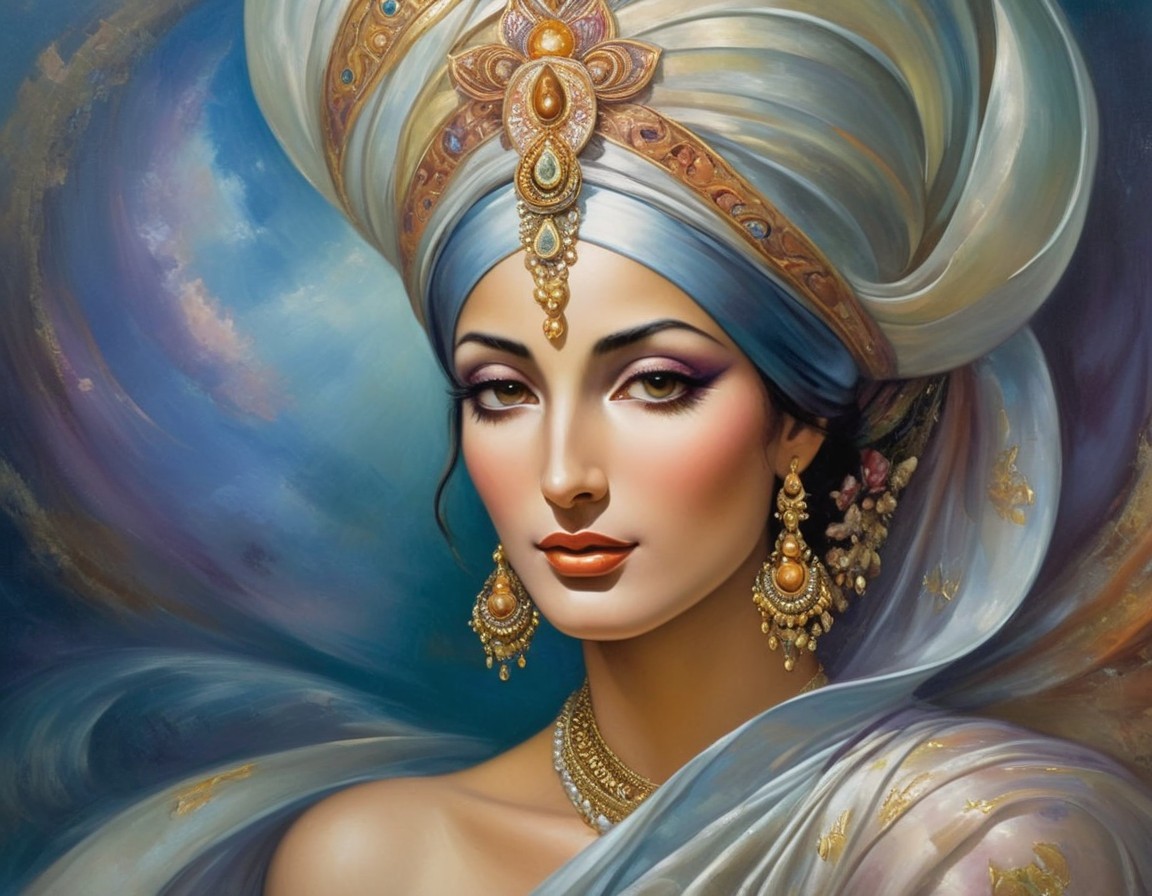 Painting of a woman in ornate turban and blue fabrics