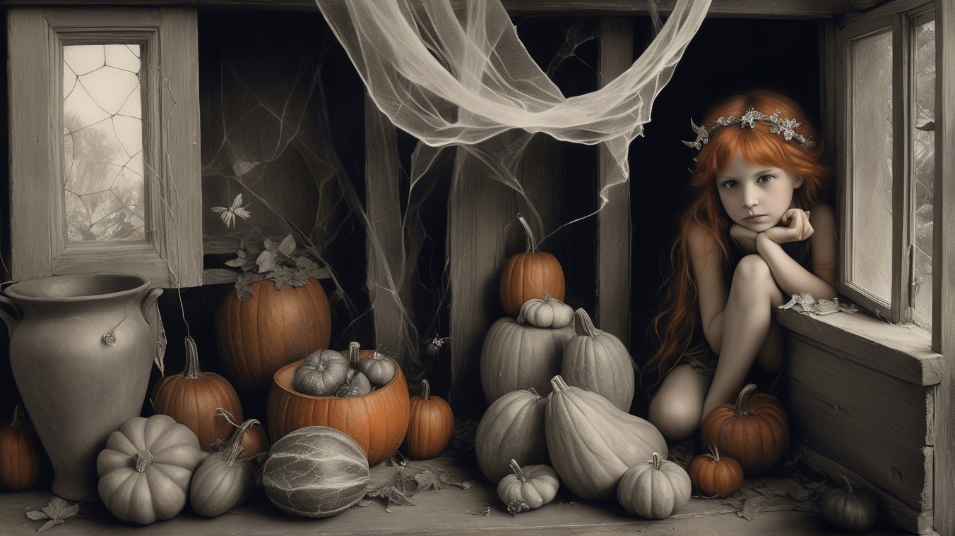 Whimsical Autumn Scene with Girl and Pumpkins