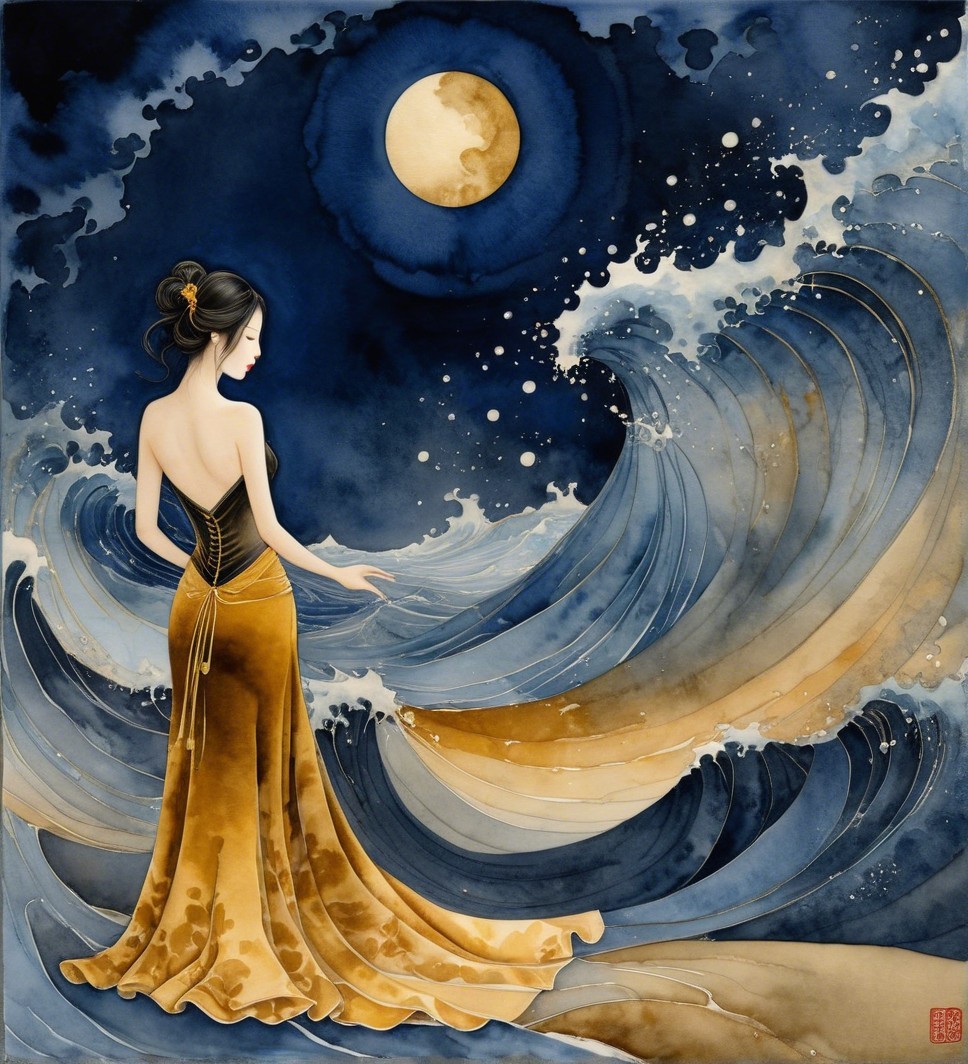 Serene Woman by Tumultuous Sea at Night