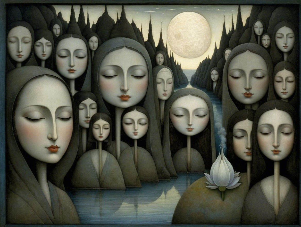 Surreal Landscape with Ethereal Women's Faces and Lotus
