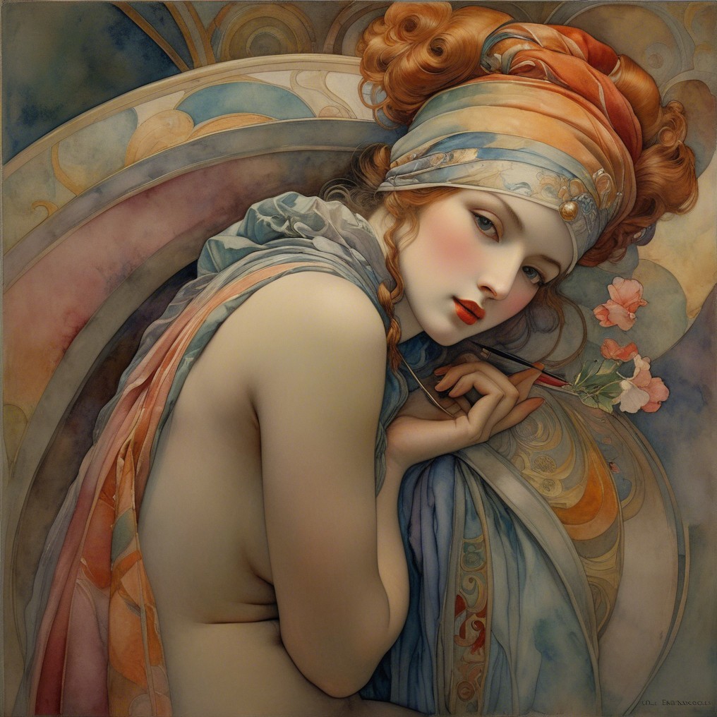 Elegant Woman in Intricate Attire with Flowing Hair