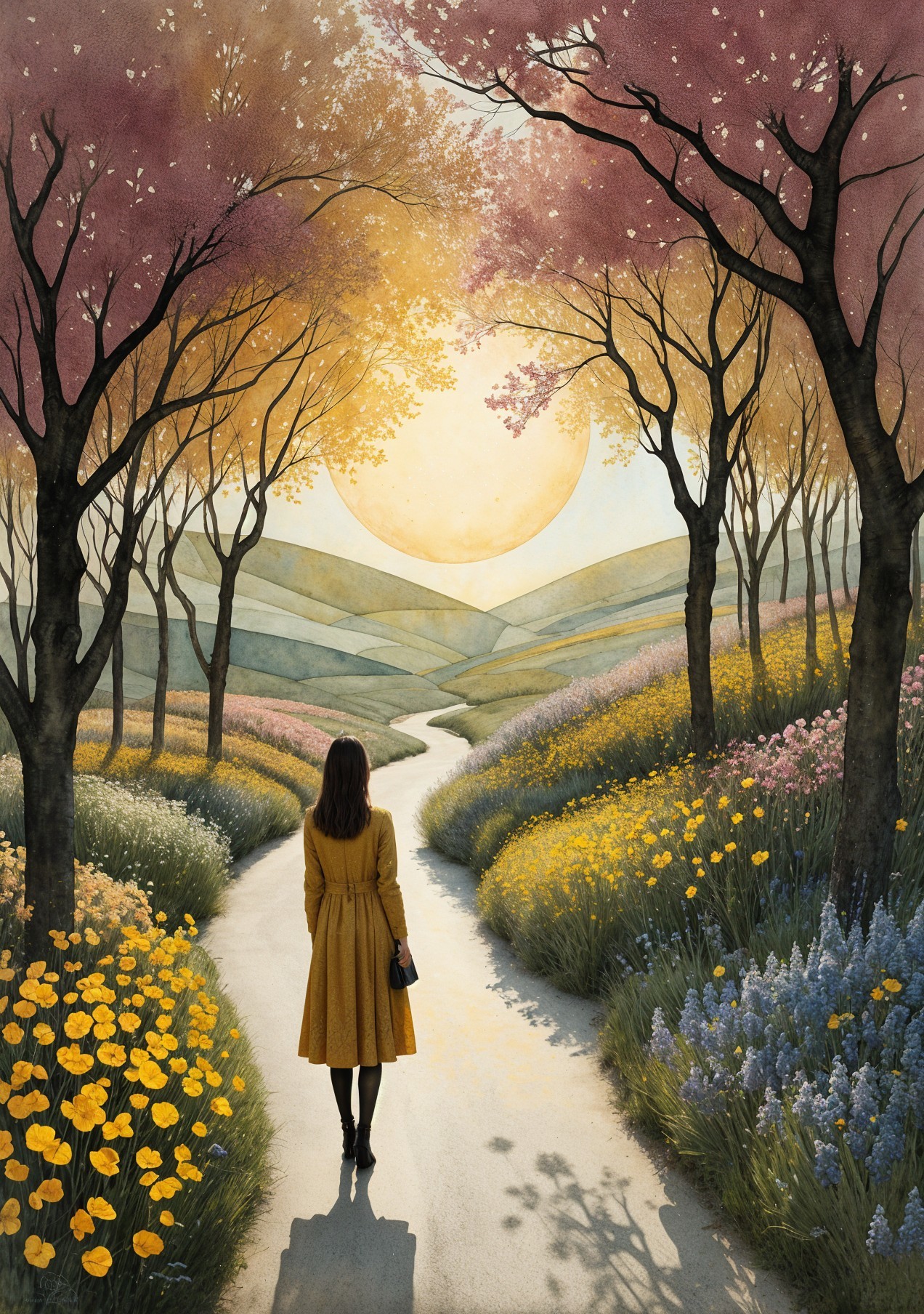Woman in Yellow Coat on a Flowered Winding Path