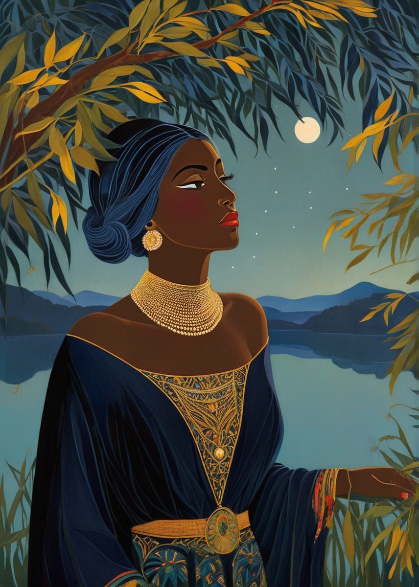 Graceful Woman in Jewelry Surrounded by Lush Foliage