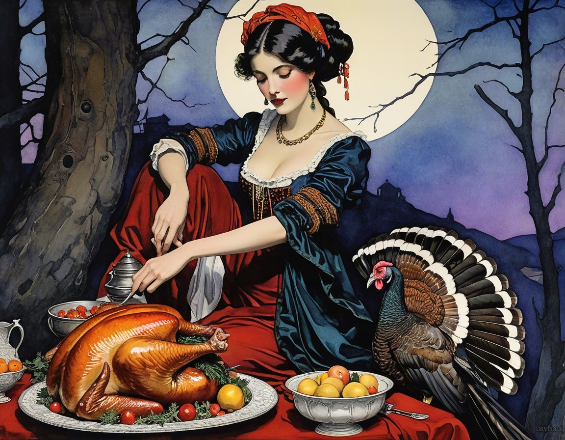 Historical Woman Preparing Meal Under Moonlight