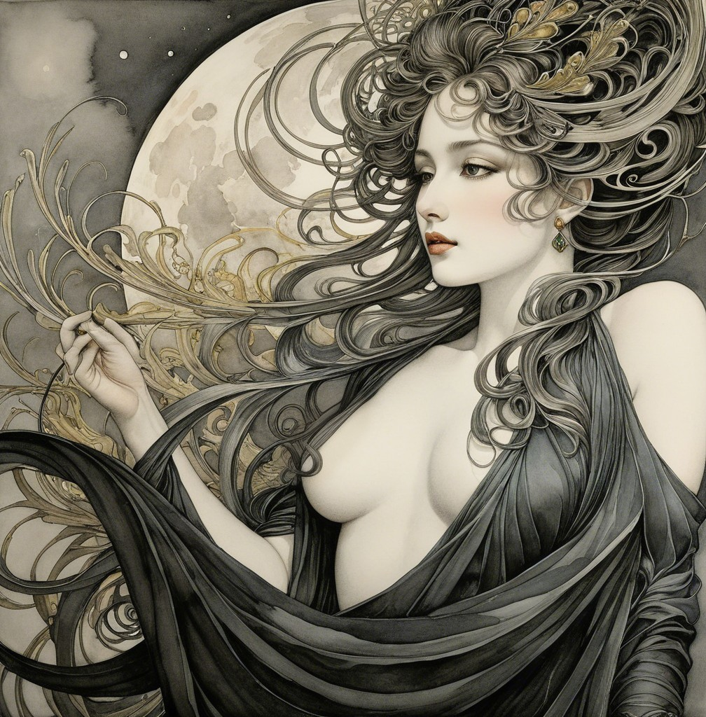 Ethereal Woman in Elegant Garment Under Full Moon