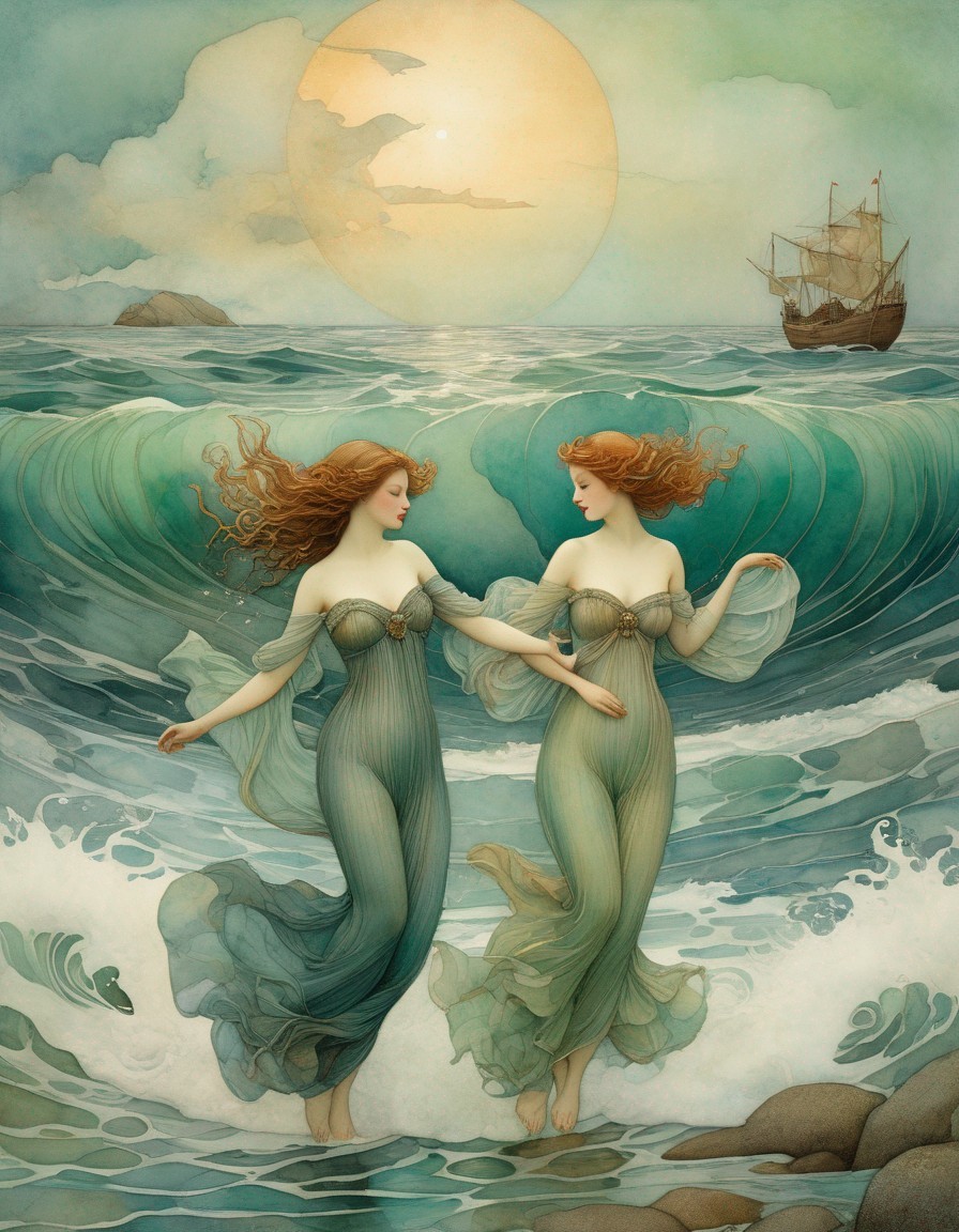 Ethereal women dance above ocean waves with ship and sun