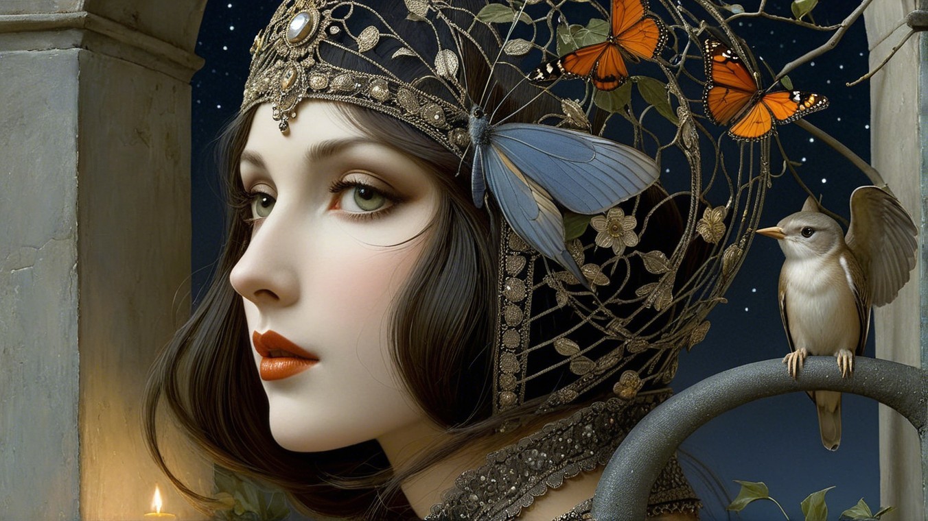 Woman with Floral Headdress Under Starlit Sky