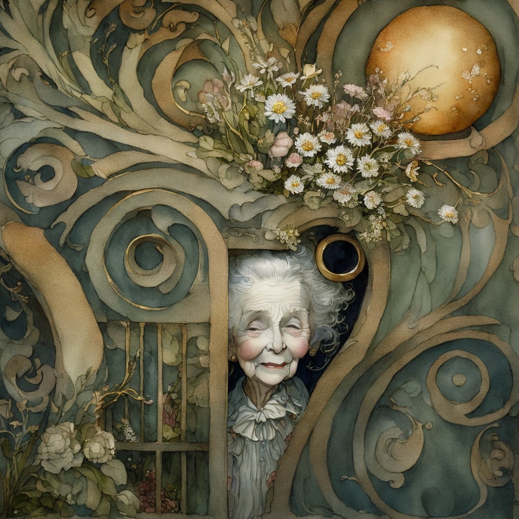 Elderly Woman at Whimsical Ornate Doorway Scene