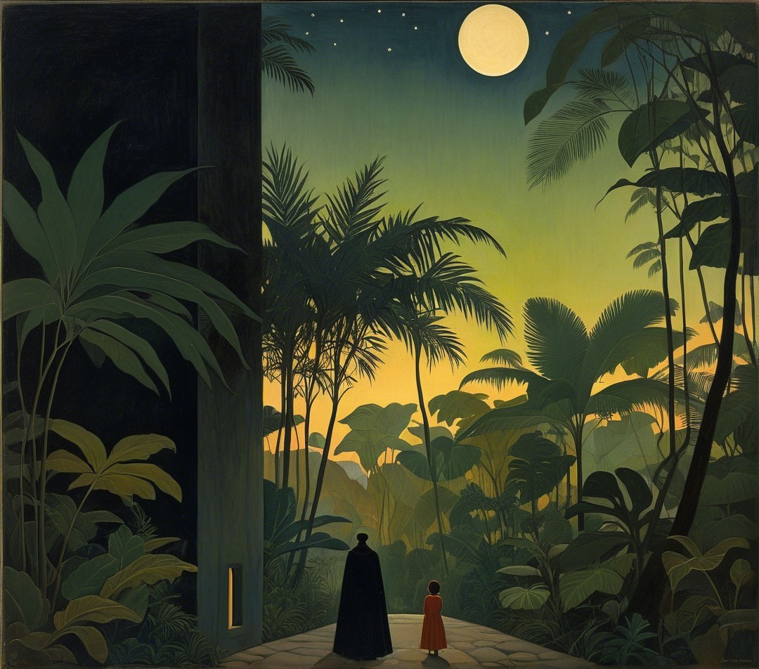 Cloaked Figure and Child Under Luminous Full Moon