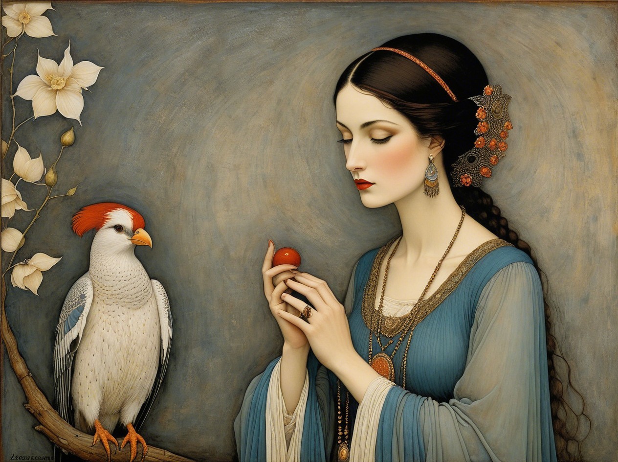 Painting of a Woman with Parrot and Floral Background