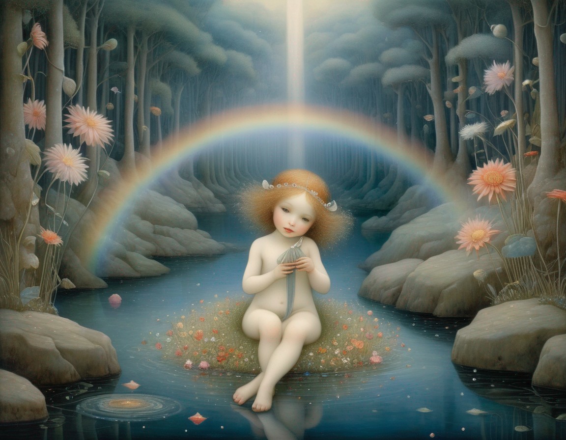 Child-like figure with halo in serene fantasy landscape.