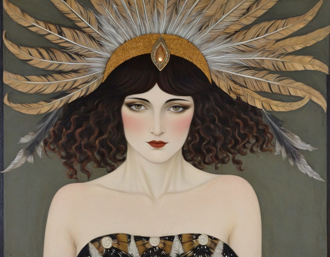 Painting of a woman with dark curly hair and headdress
