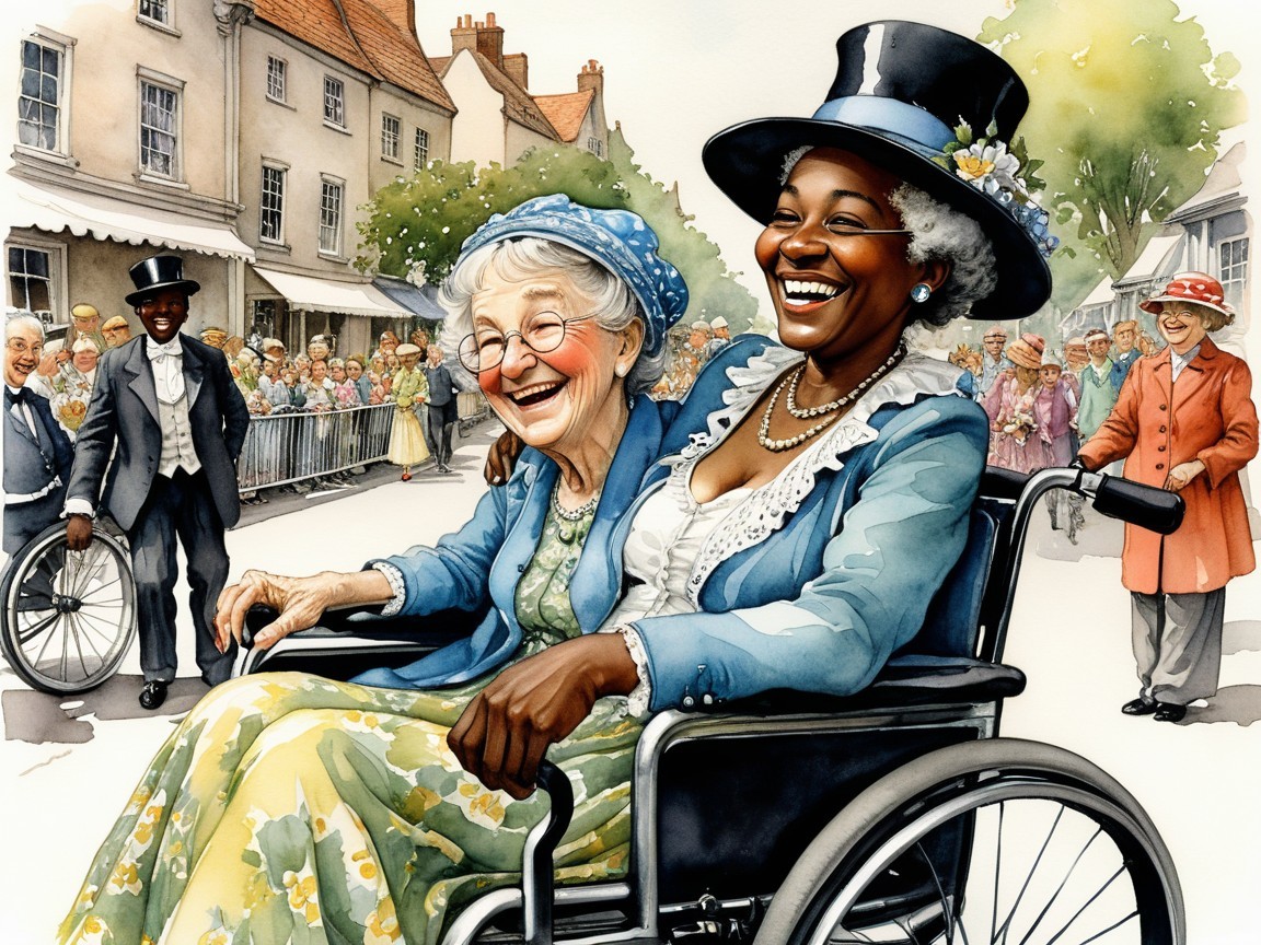 Joyful Village Scene with Two Women in Wheelchair