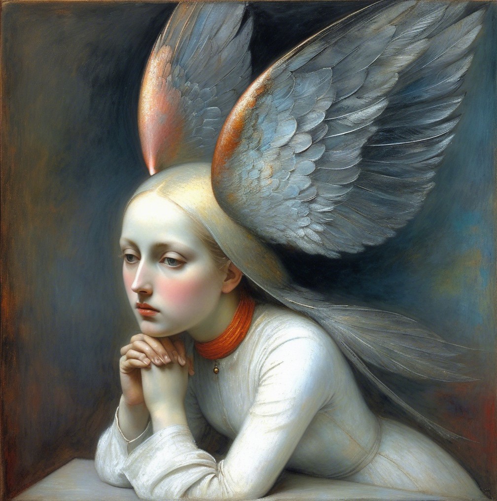 Serene Young Woman with Ethereal Wings and Soft Expression