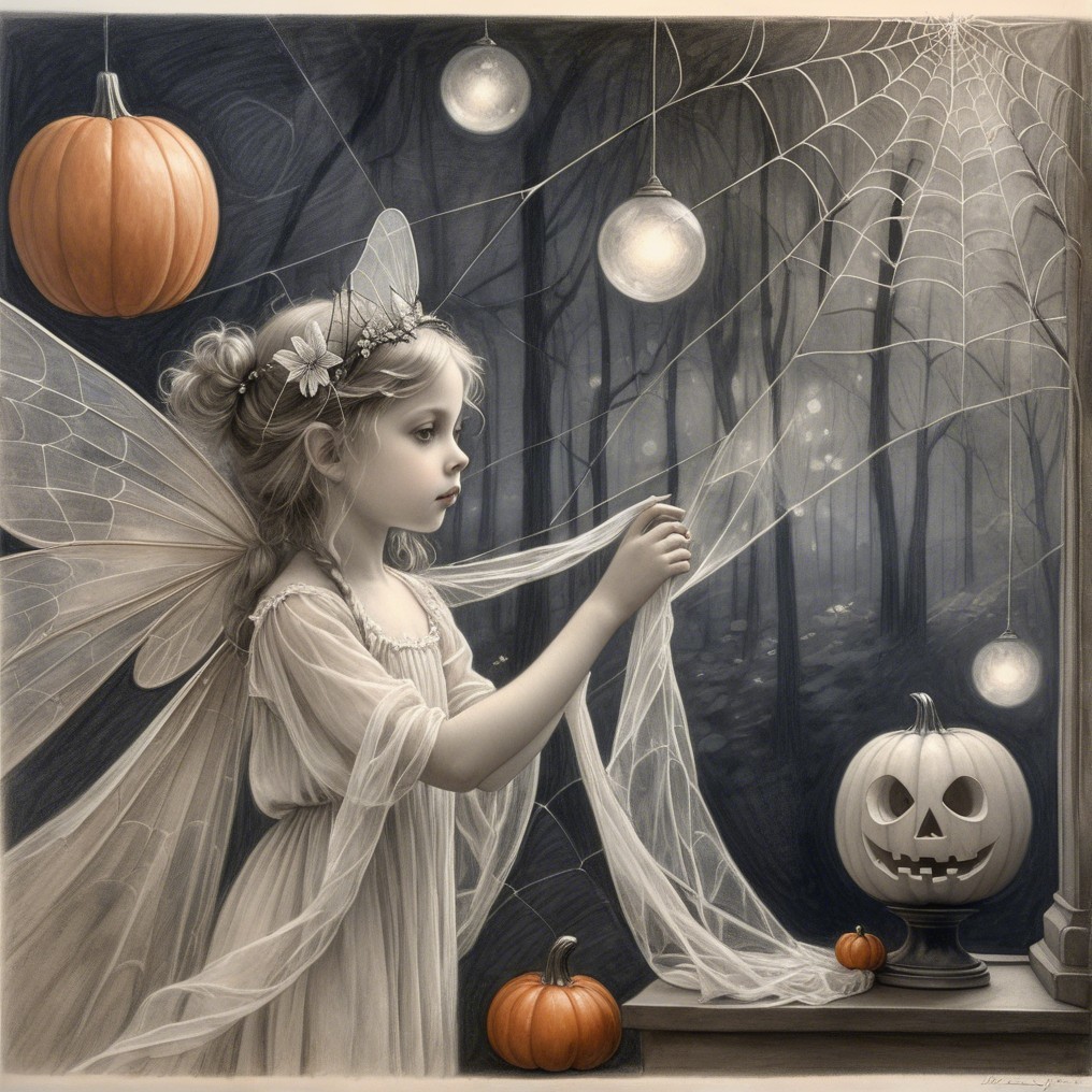 Whimsical Fairy Scene with Pumpkins and Spiderwebs