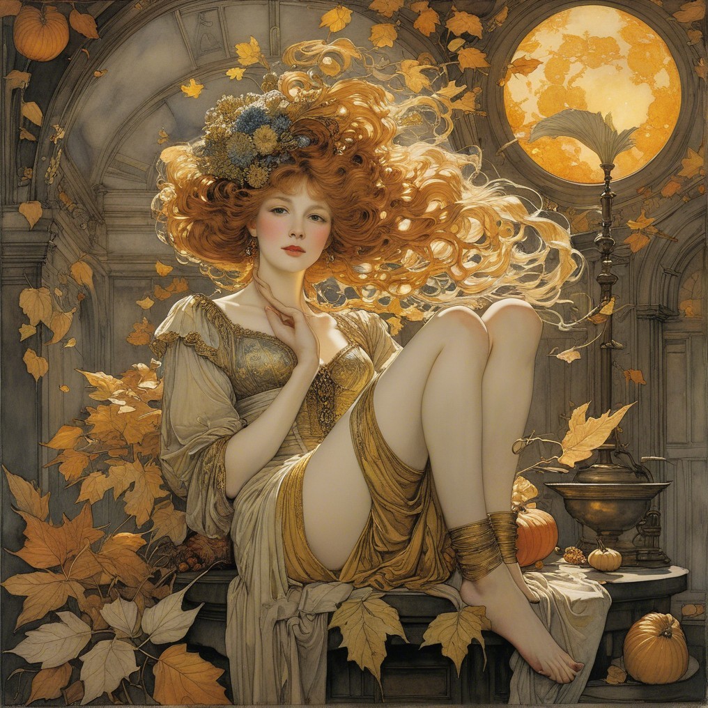 Elegant figure in golden gown among autumn leaves