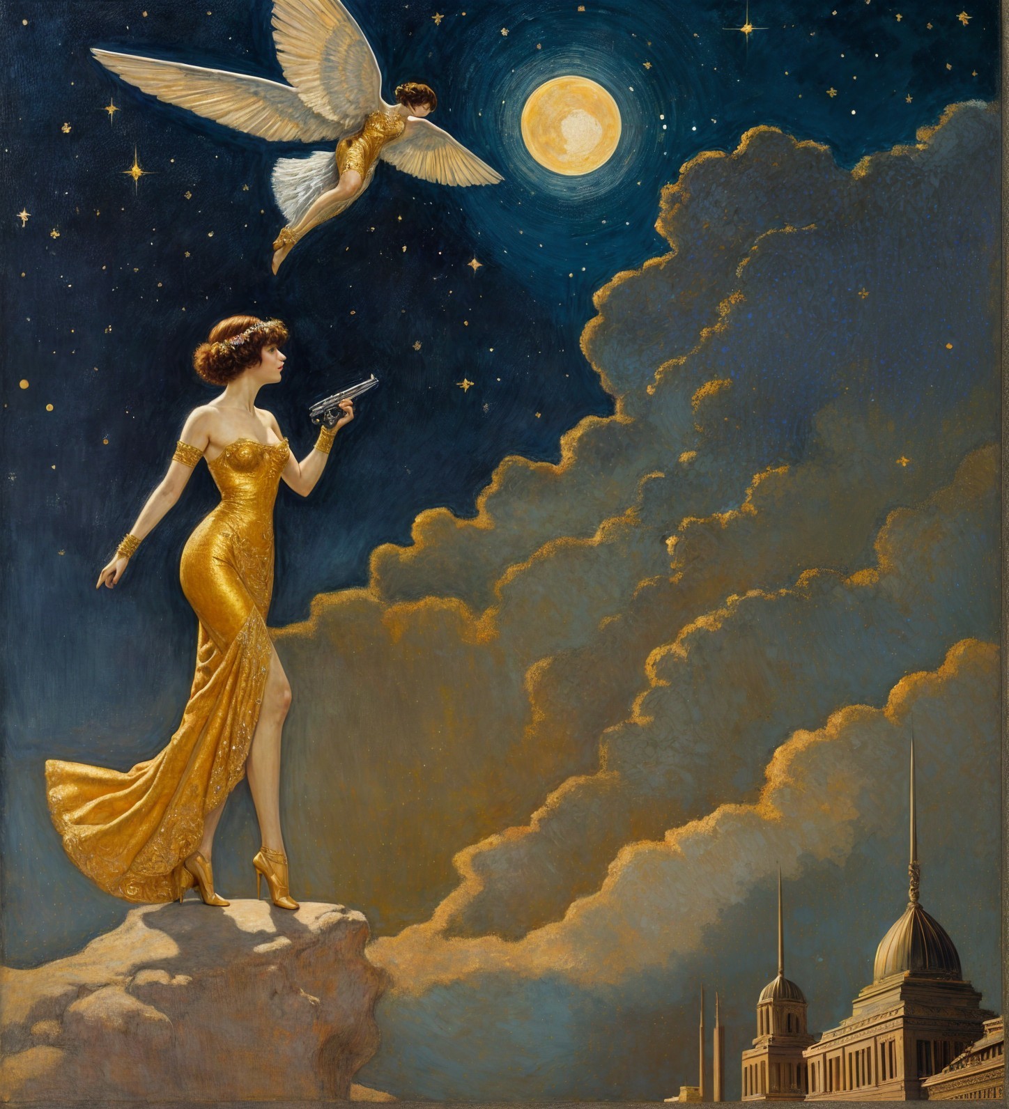 Glamorous Woman in Golden Gown with Angel and City Skyline
