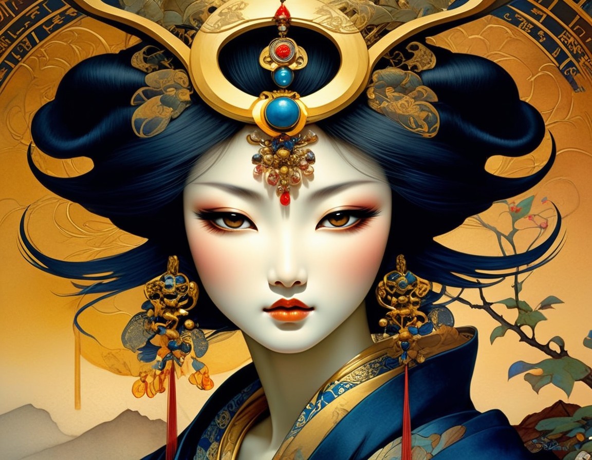 Illustrated Portrait of Woman in Elaborate Headgear