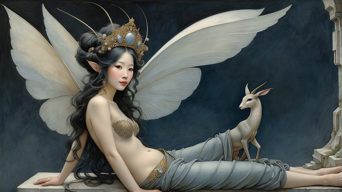 Serene figure with butterfly wings and a deer companion