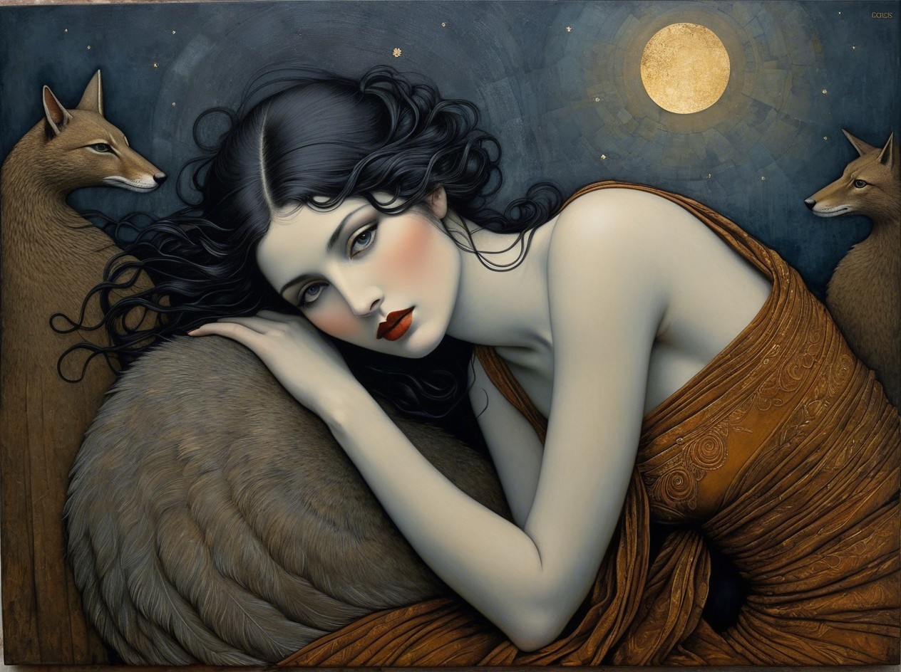 Digital painting of a woman with foxes and moonlight