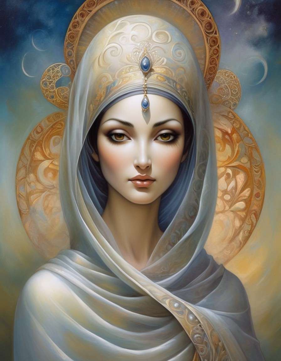 Serene Woman with Flowing Headscarf and Jewelry