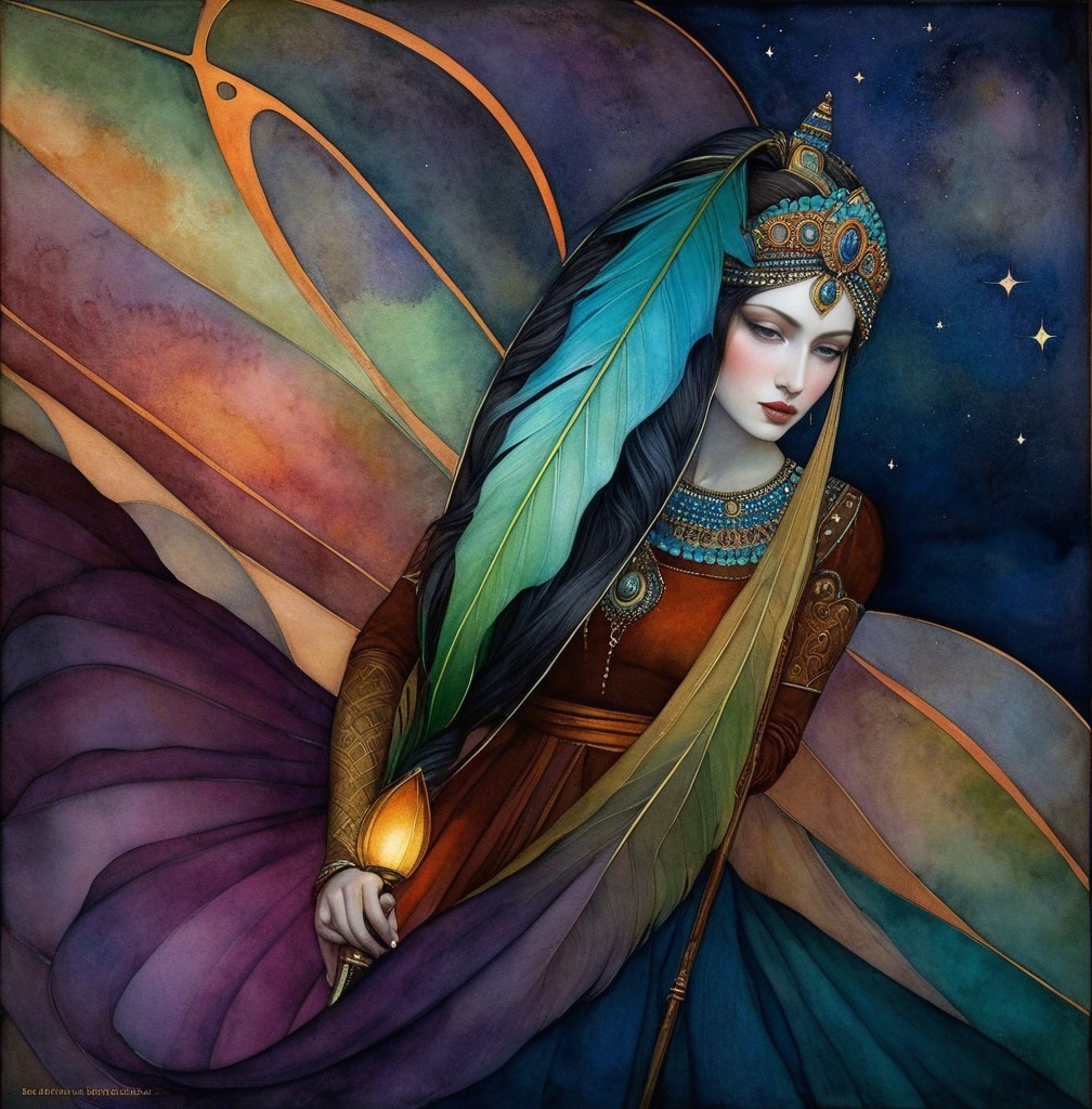 Mystical figure with black hair in a starry night sky