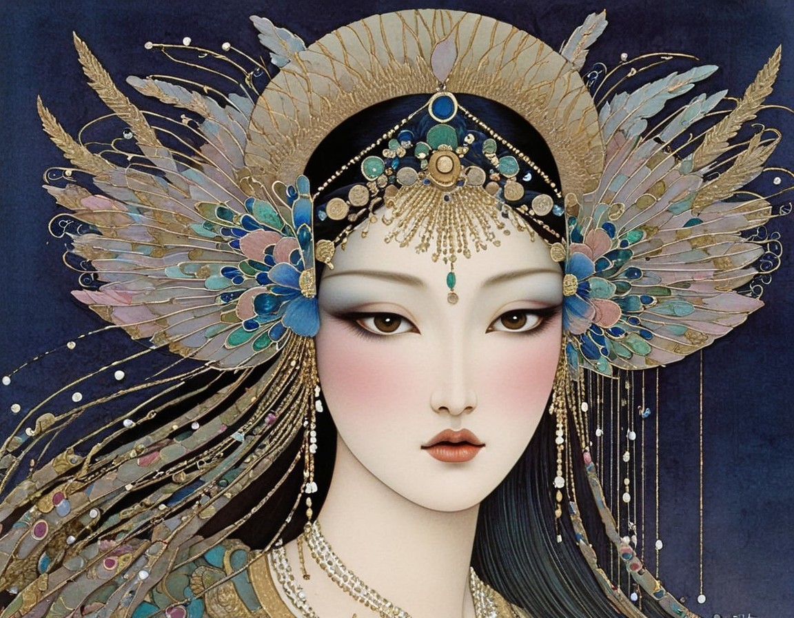 Illustrated Female Figure with Ornate Headdress