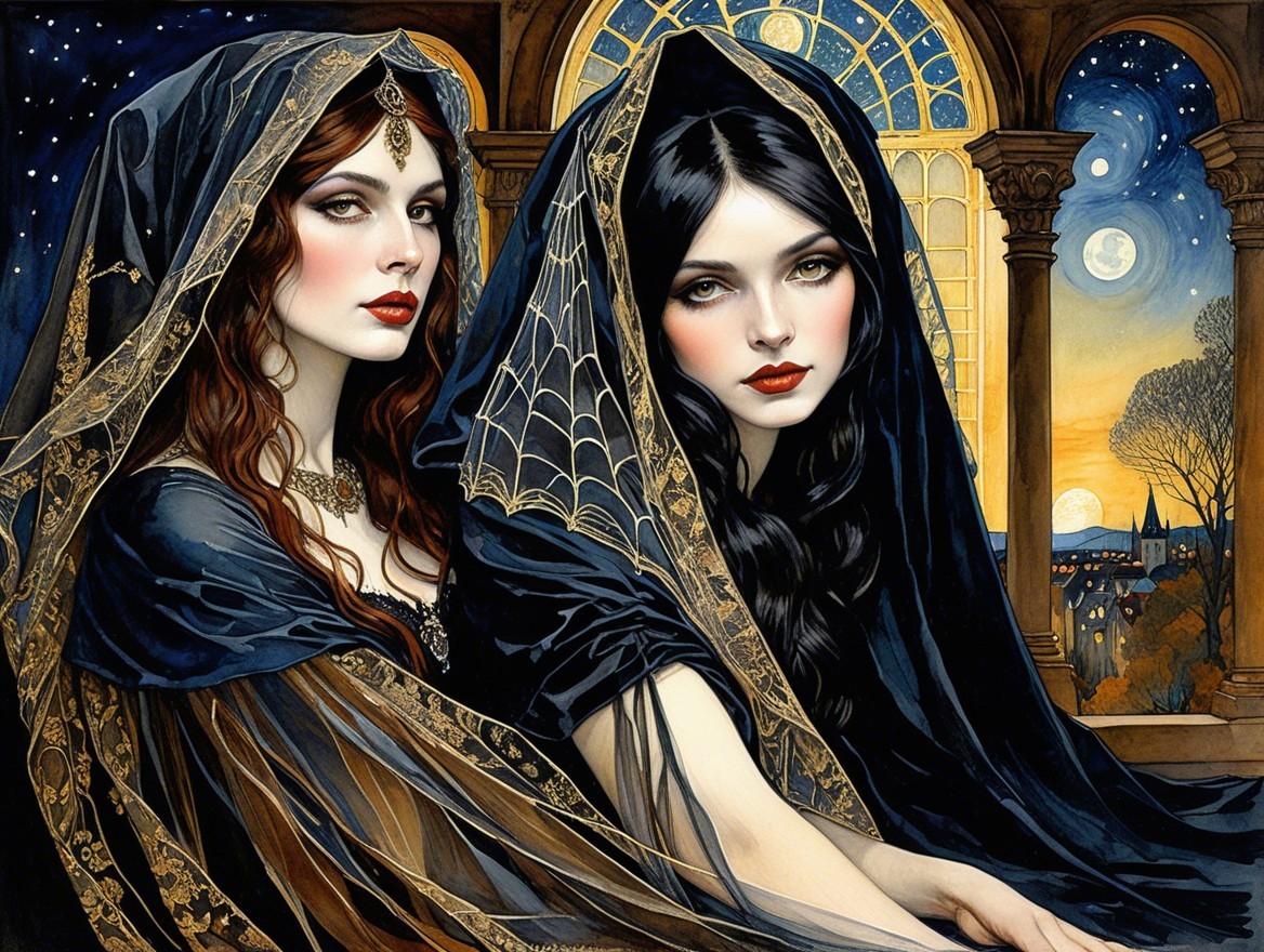 Elegant Women in Dark Veils Against Twilight Sky