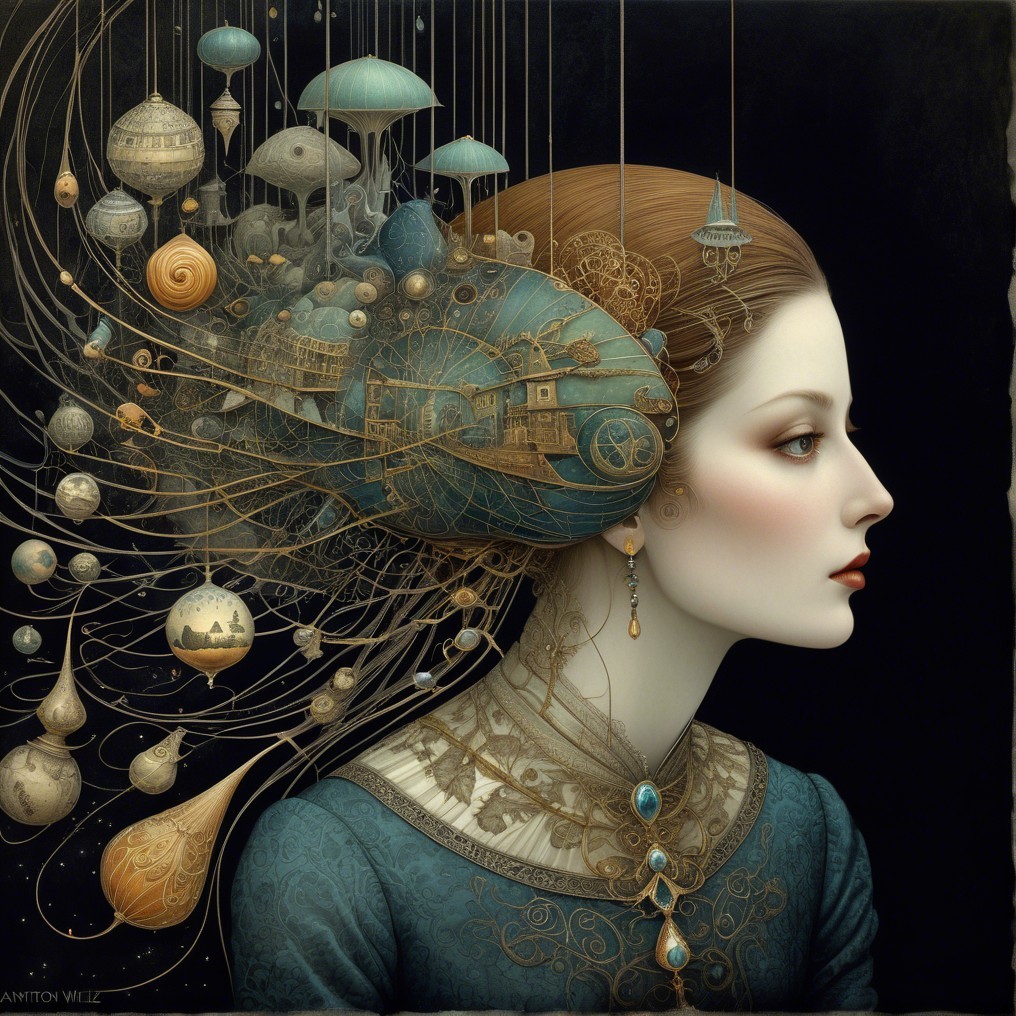 Profile of a Woman in a Blue Gown with Surreal Hair