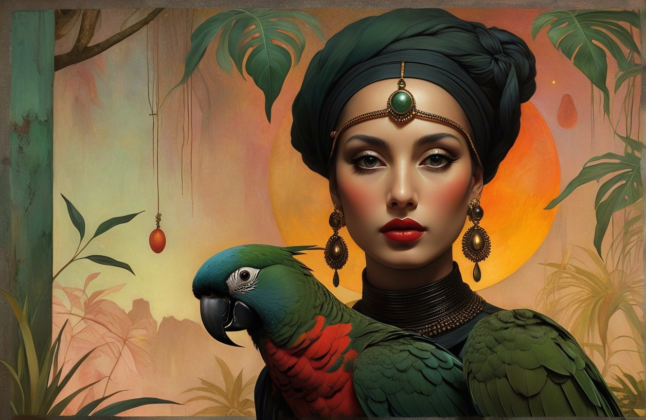 Woman in headdress with jewelry in tropical setting