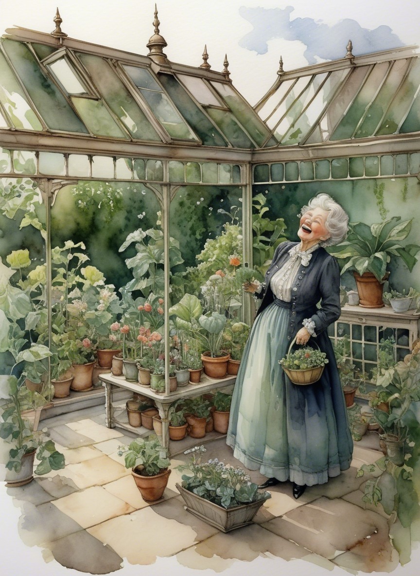 Elderly Woman Tending Plants in Sunlit Greenhouse