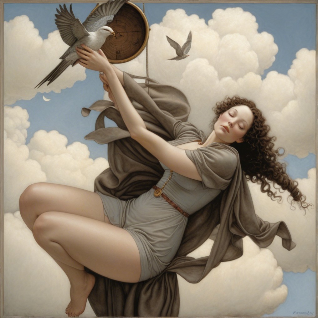 Serene figure with compass amidst soft clouds and bird