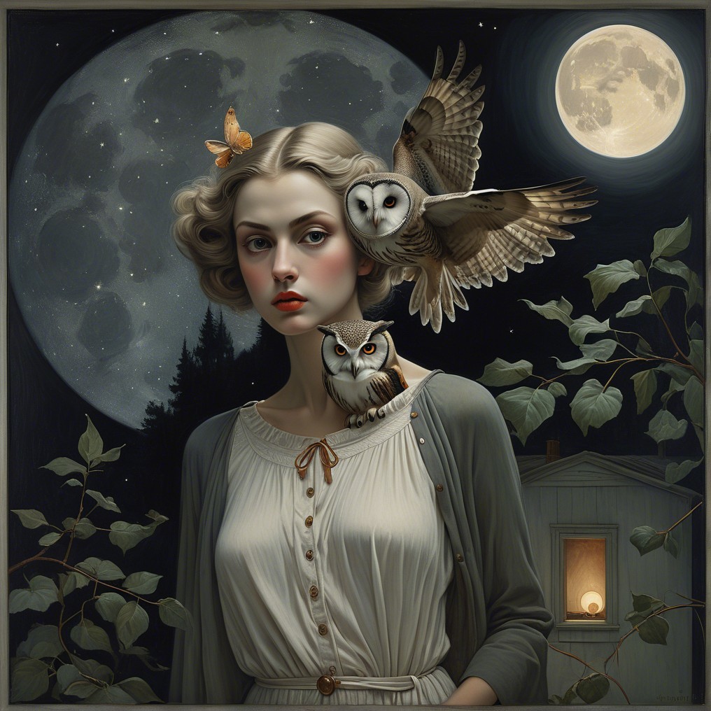 Young Woman in Moonlit Night Sky with Owls and Butterfly
