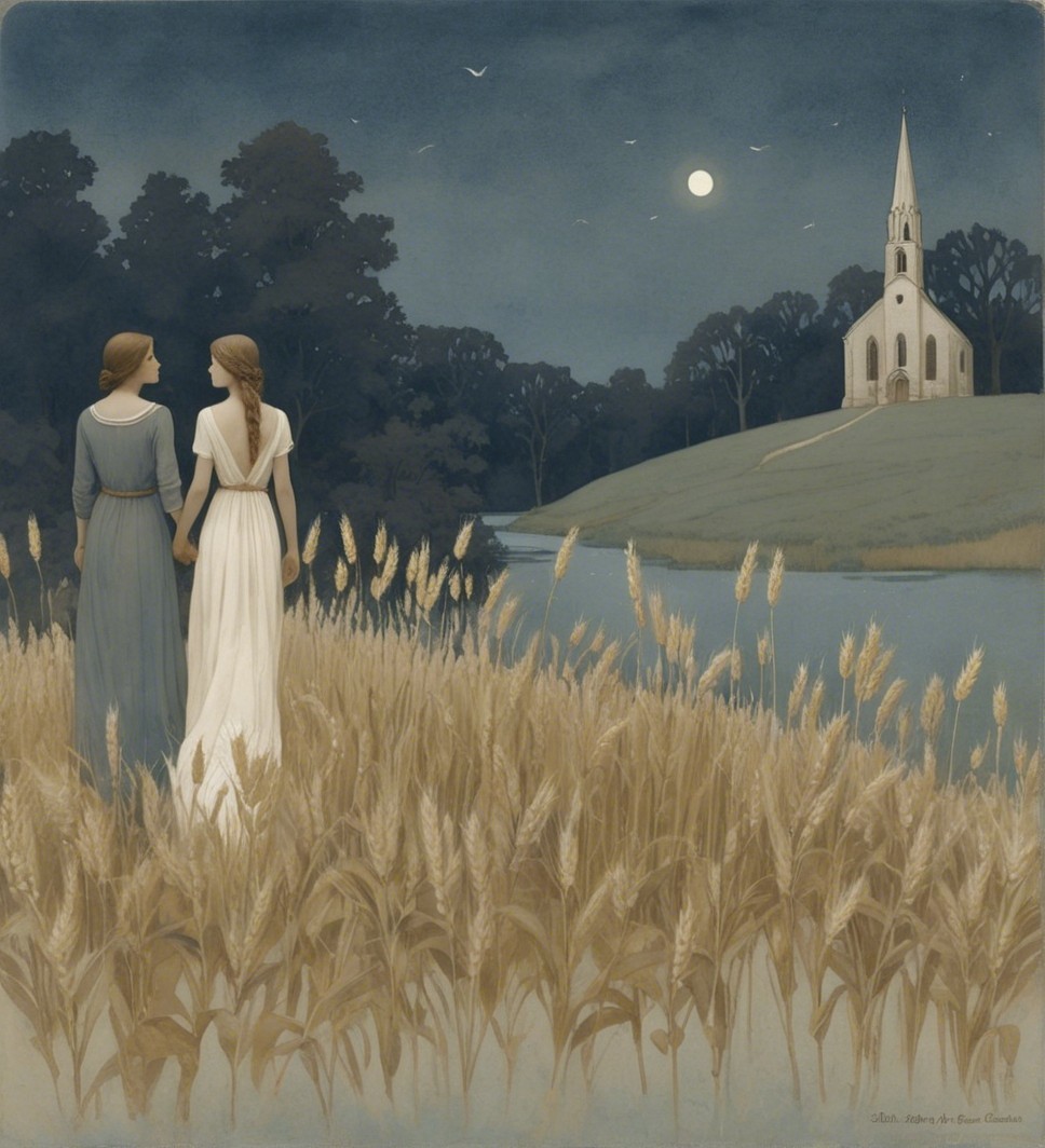 Women in Wheat Field Under Moonlight Landscape