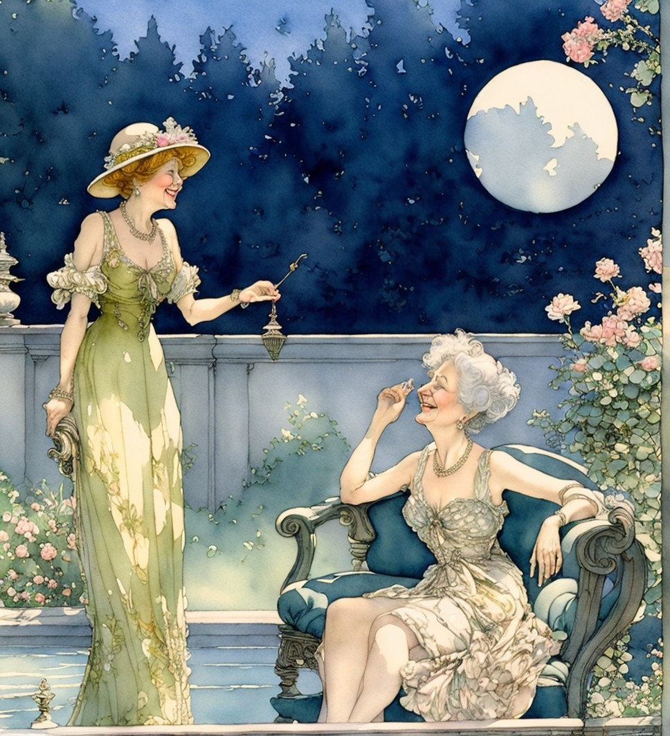 Elegant Women in Serene Nighttime Outdoor Setting