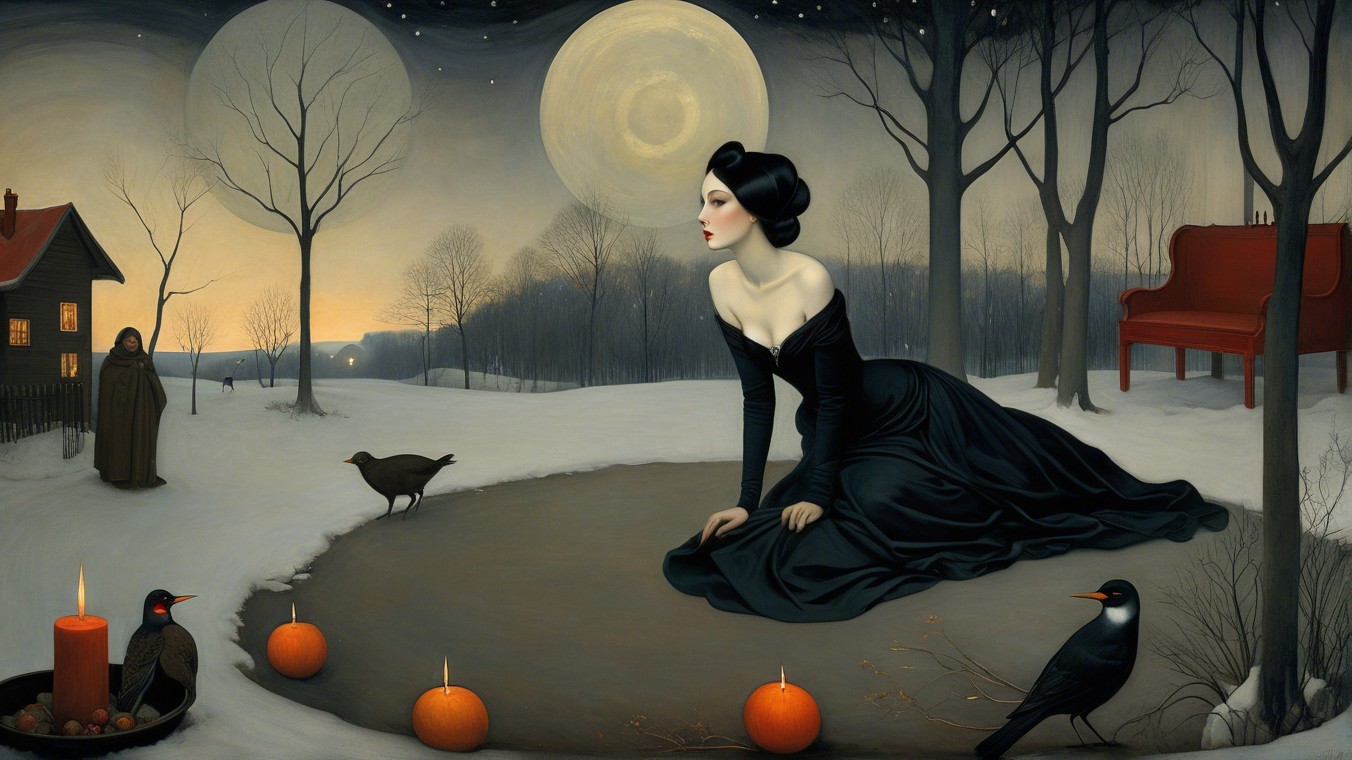 Mysterious Winter Landscape with Woman and Candles