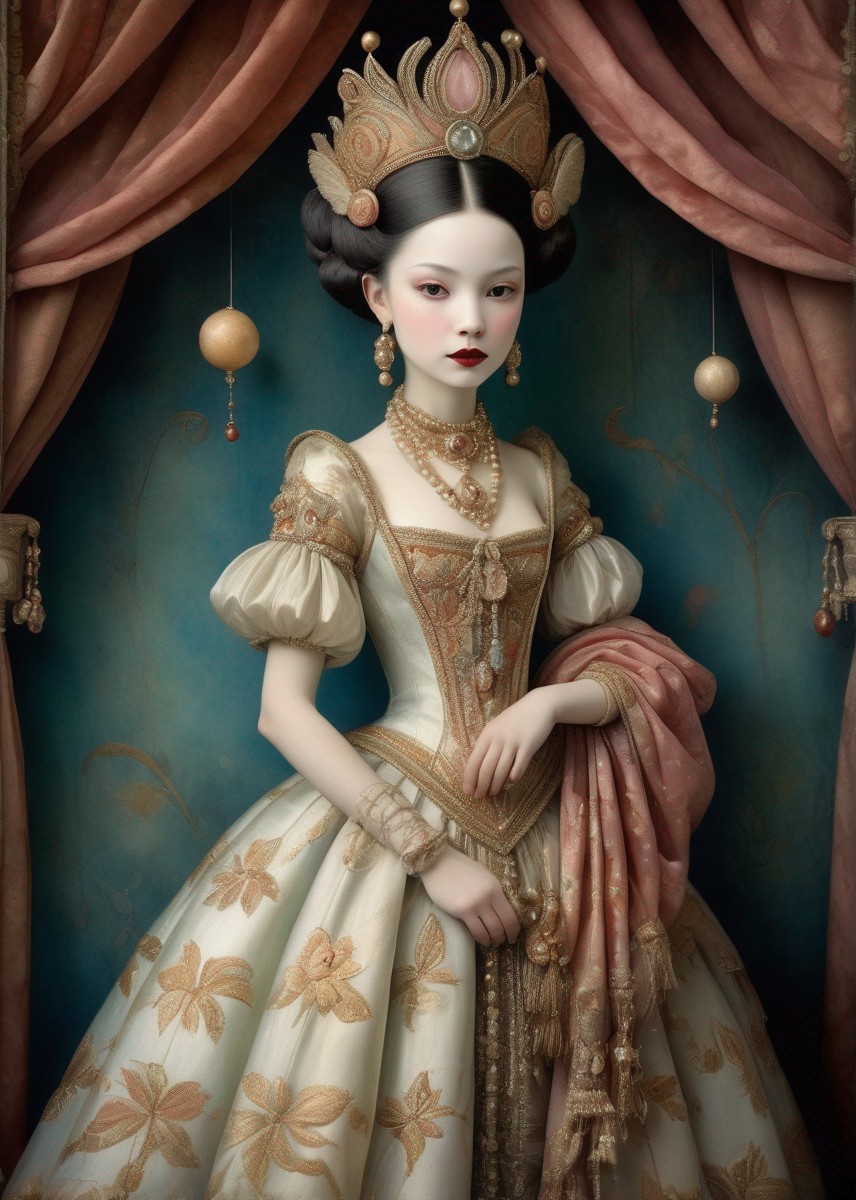 Luxurious gold-accented dress and elaborate headdress portrait.