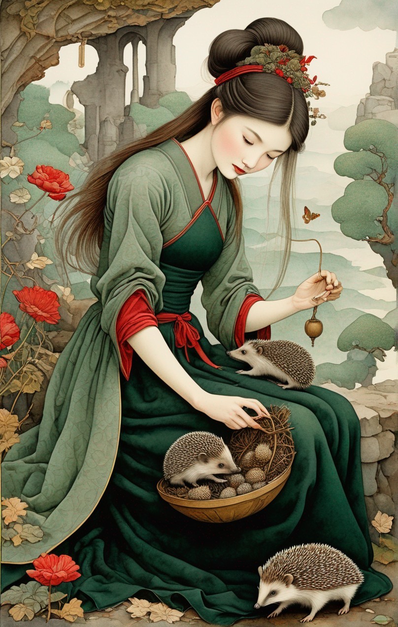 Woman in Green Dress with Hedgehogs and Red Flowers