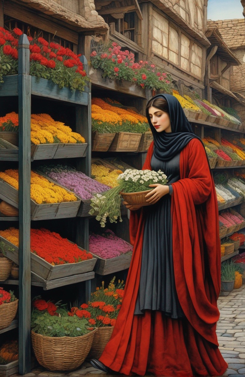 Woman in red cloak with white flowers in rustic street