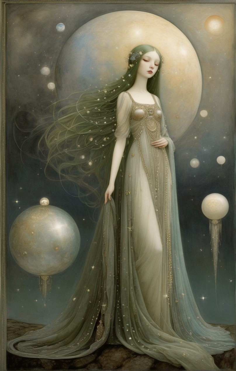 Ethereal woman with flowing hair in starry gown against cosmic backdrop