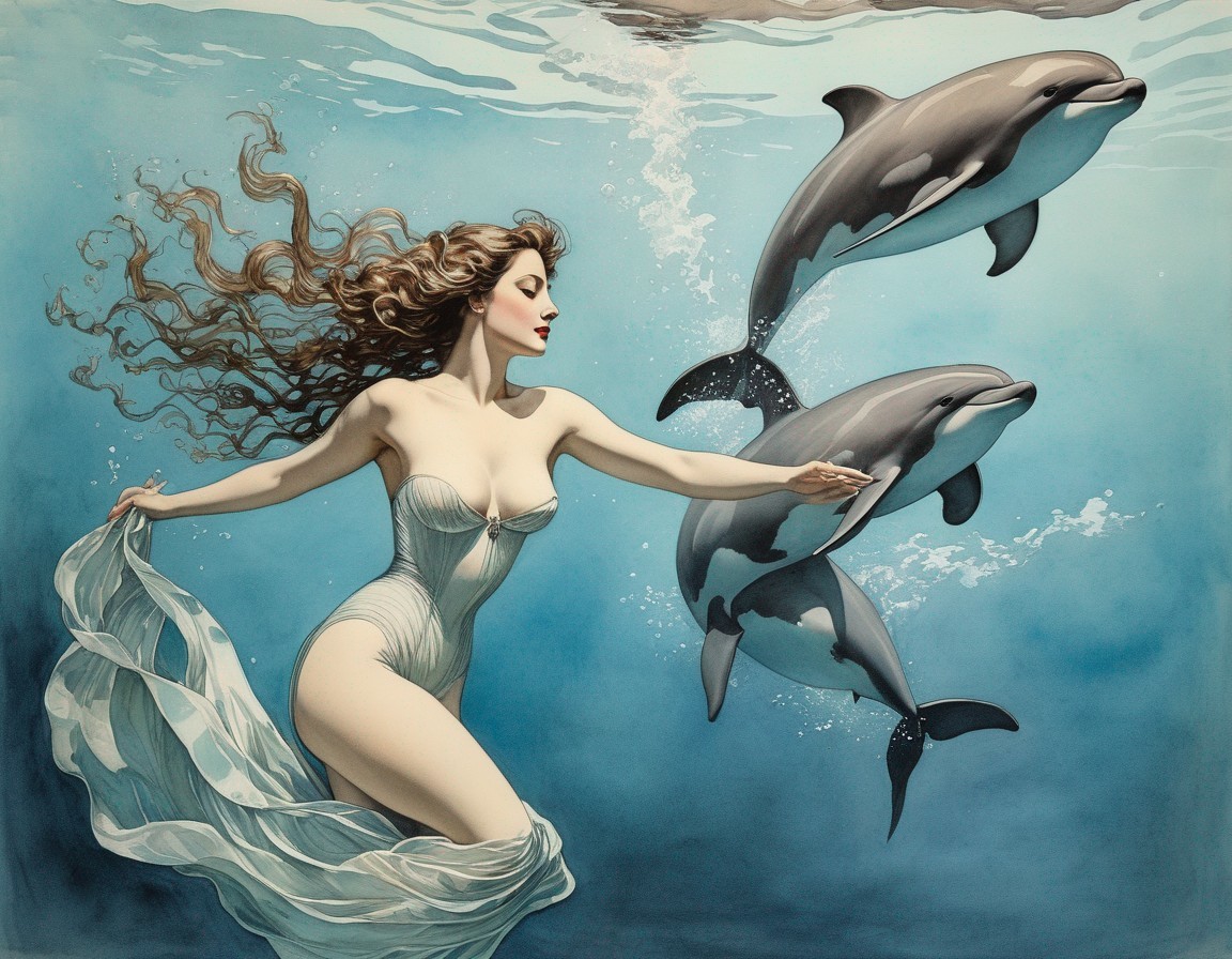 Woman swimming underwater with dolphins in white swimsuit.