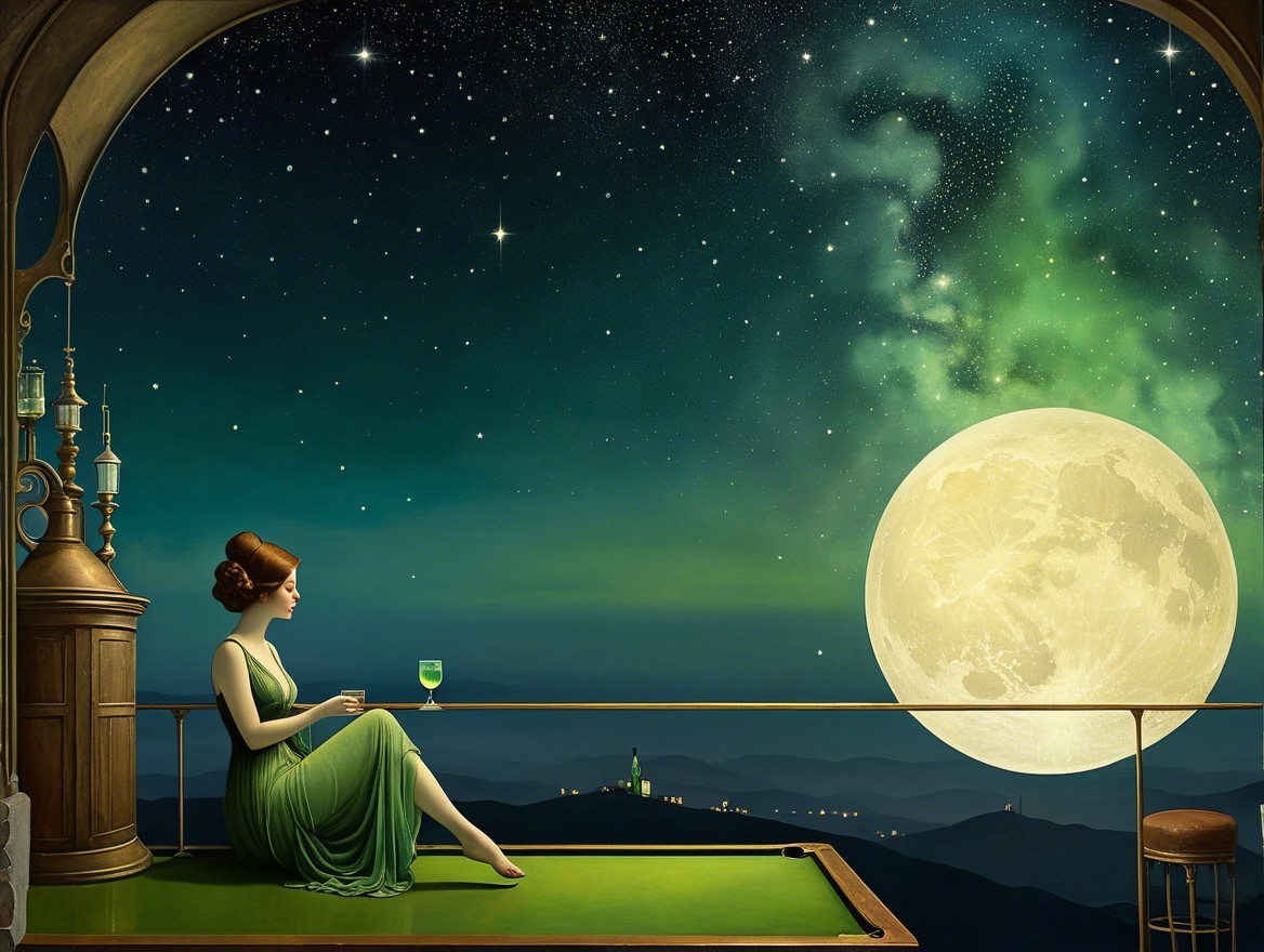 Woman in Green Dress on Balcony Under Starry Sky