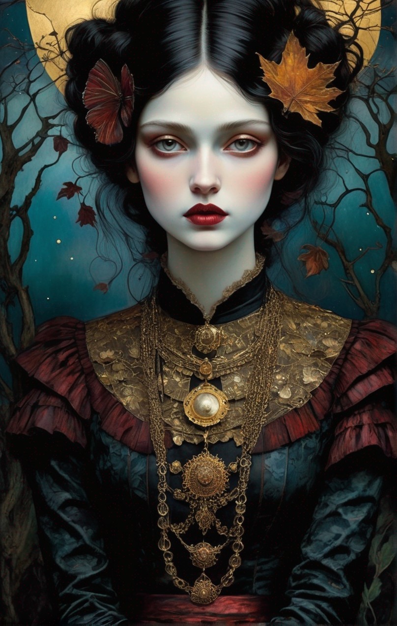 Gothic-style portrait of woman with dark hair, red lips, vintage dress, and golden jewelry