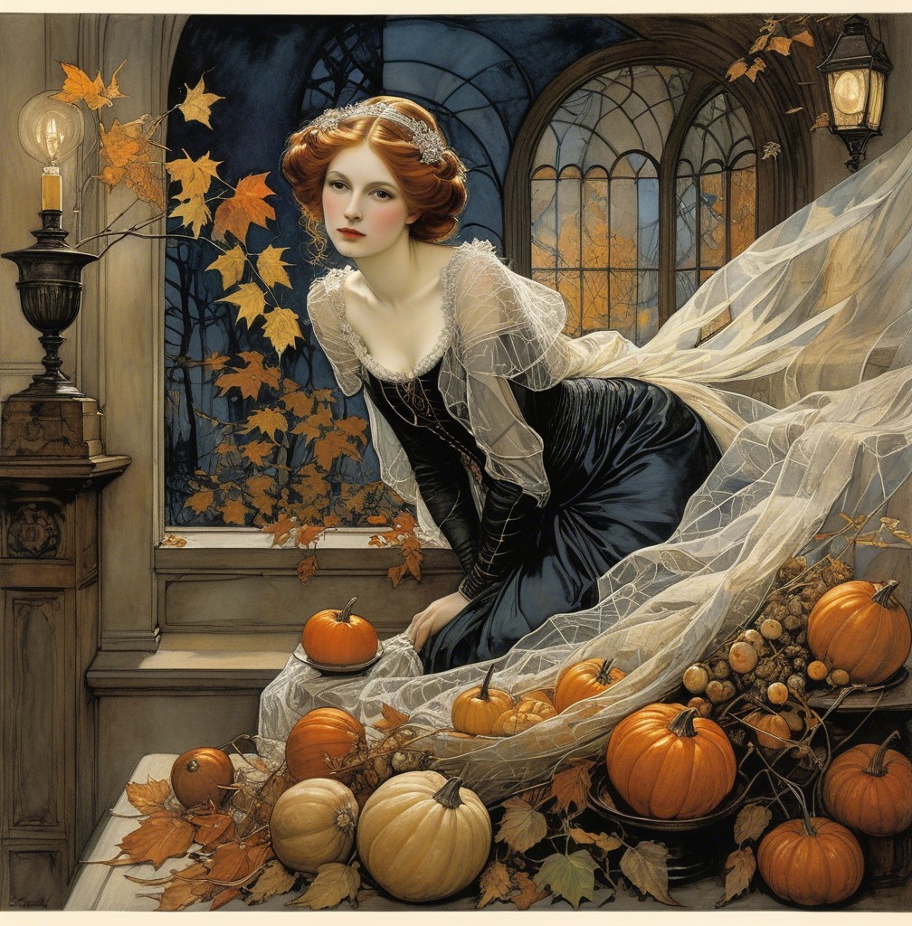 Young Woman in Dark Gown Surrounded by Autumn Decor